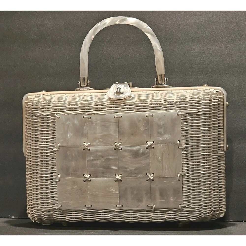 Rare Vintage 1950s/60s Stylecraft of Miami Wicker/Lucite Box Bag Shell Accents
